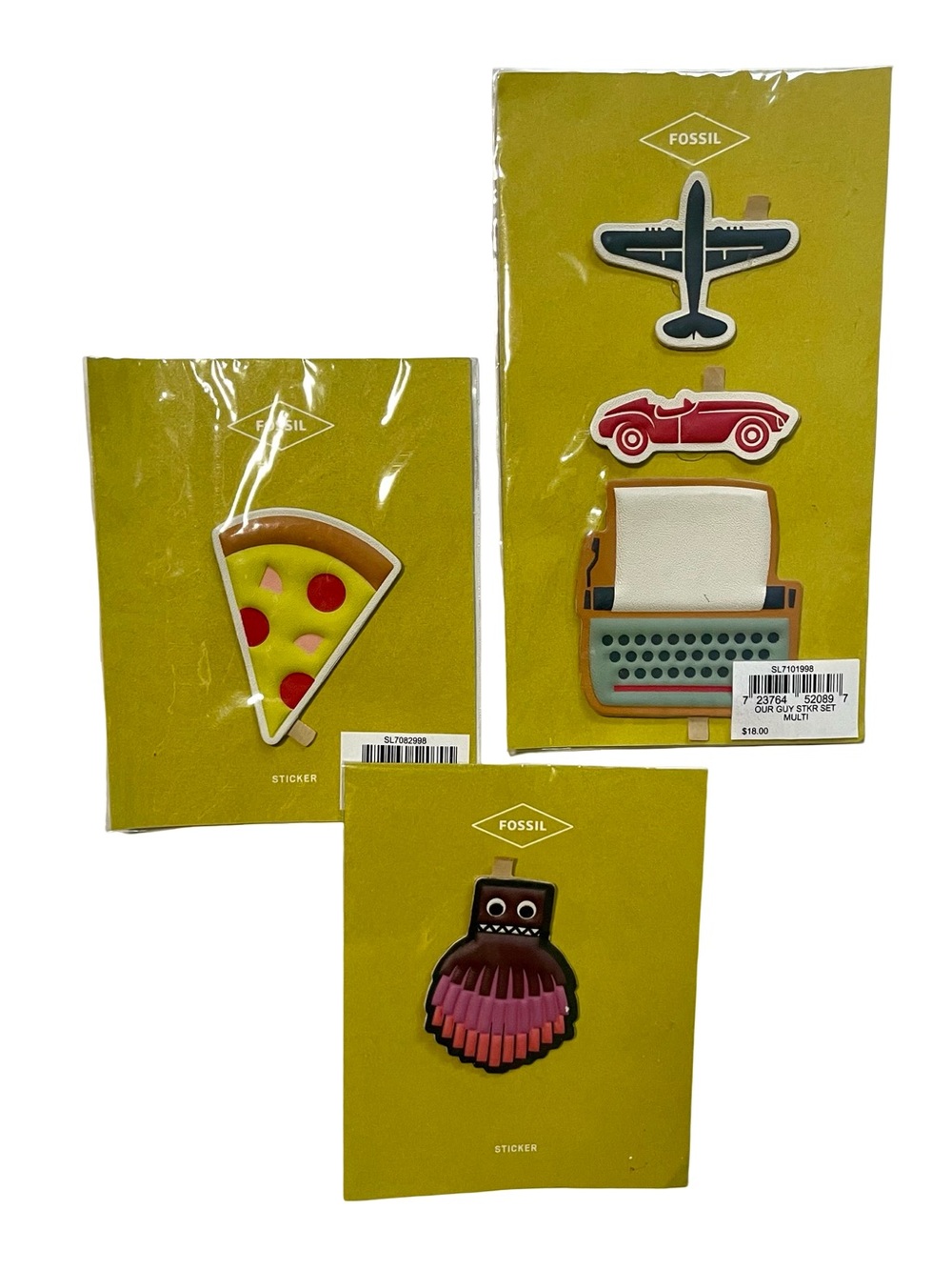 NEW Fossil Set of 3 Novelty PVC Stickers Pizza Airplane Typewriter